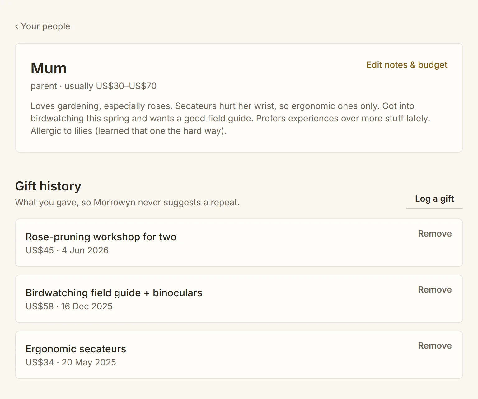 The same profile for Mum two years later: rich accumulated notes and three logged gifts.