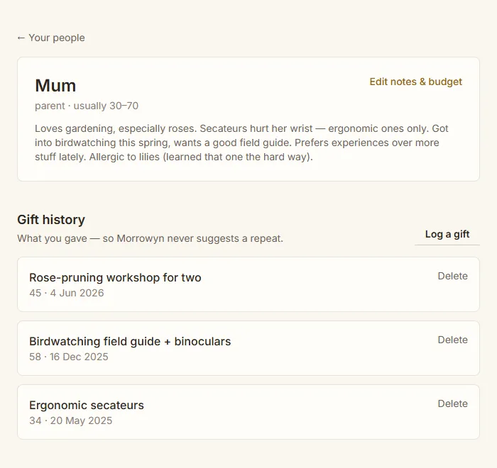 The same profile for Mum two years later: rich accumulated notes and three logged gifts.