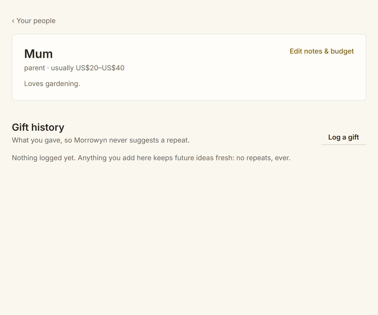 A freshly-added profile for Mum: one line of notes, no gift history yet.