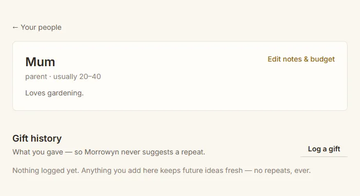 A freshly-added profile for Mum: one line of notes, no gift history yet.
