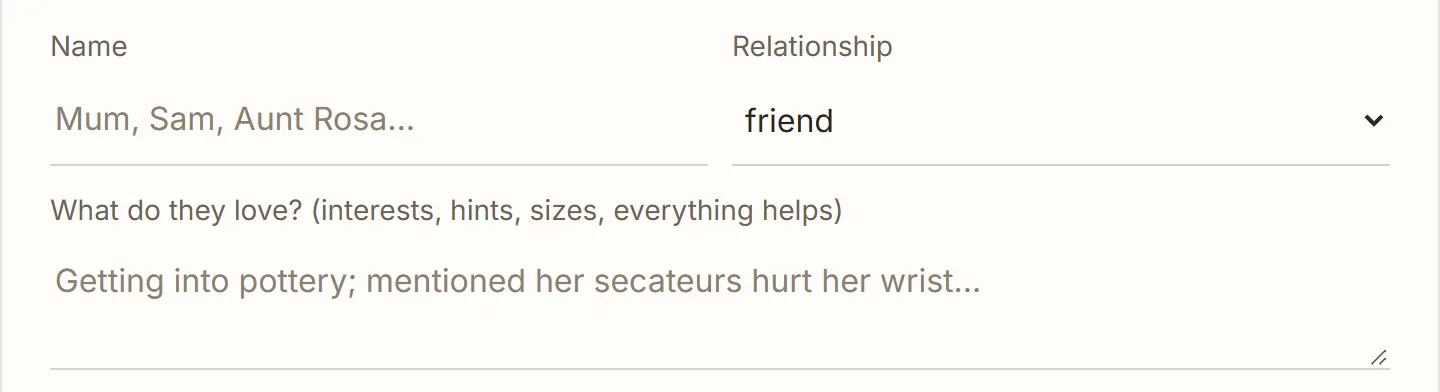Morrowyn's add-person form: name, relationship, and what they love, with a hint about pottery and sore wrists.