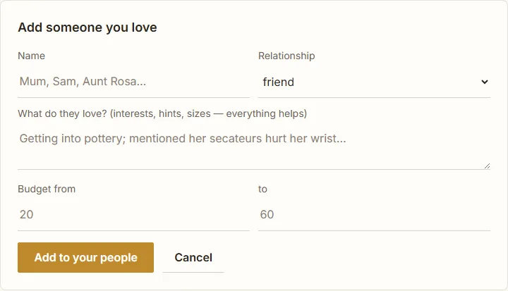 Morrowyn's add-person form: name, relationship, what they love, and a usual budget range.