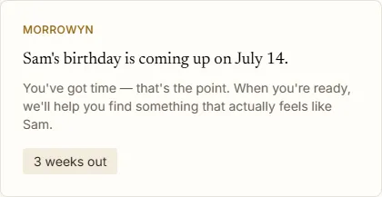 A Morrowyn reminder: Sam's birthday is coming up on July 14, with time to find something that fits.