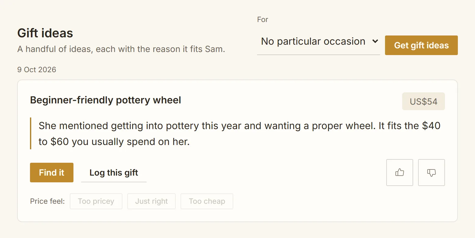 A real Morrowyn gift idea for Sam, a beginner-friendly pottery wheel, with the reason it fits and a price.